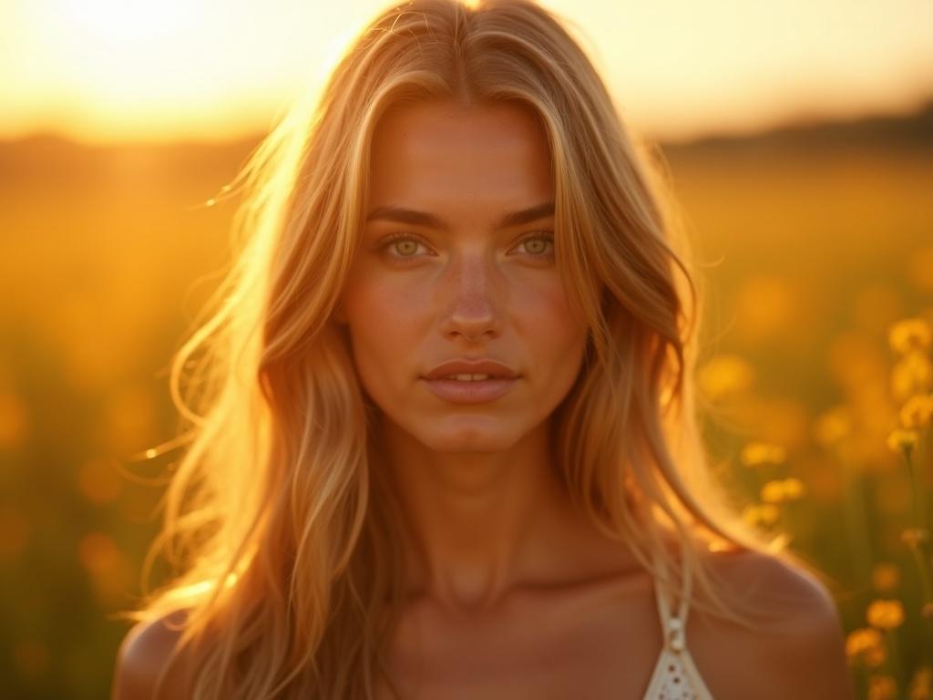 The same woman with straight light-brown hair and green eyes stands in a sunlit meadow at golden hour, facing the camera frontally, gaze intense yet soft. The sunlight illuminates her hair with golden highlights, her smooth skin glowing naturally. Background: blurred wildflowers and warm horizon light. Captured on 85mm lens, f/1.8, ISO 100, bokeh background, ultra-high resolution, natural color grading, sharp facial focus, cinematic style.