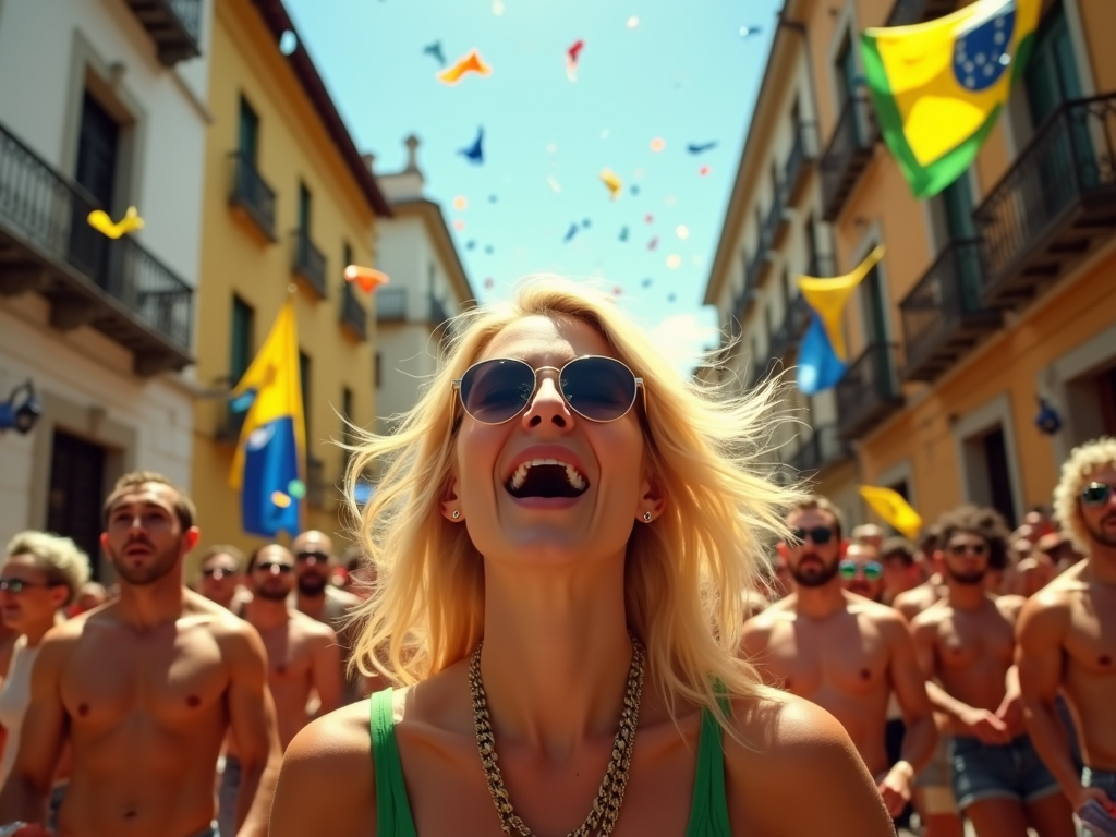 A vibrant, sun-drenched Rio de Janeiro street scene: a blonde woman, fiery passion in her eyes, shouts "VAI BRASIL!" in Portuguese, her voice echoing off colonial buildings.  She's surrounded by a jubilant crowd, flags waving, confetti swirling, a chaotic yet joyful energy.  The style is photorealistic, capturing the raw emotion and vibrant colors of a Brazilian carnival celebration.

