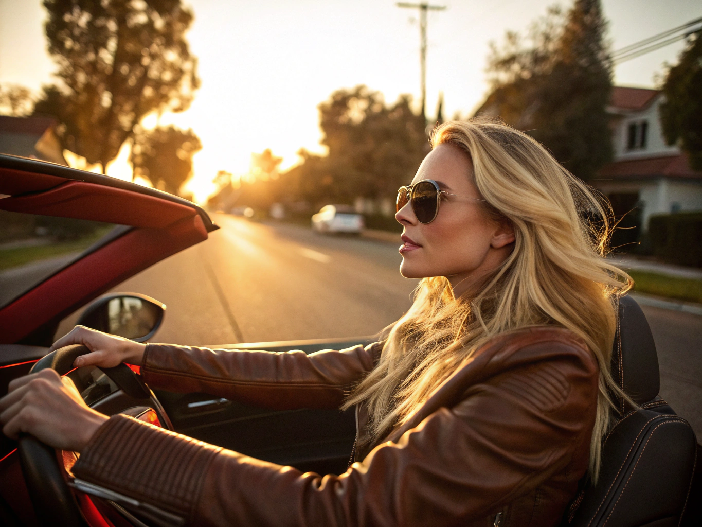 A beautiful blond female influencer drives her red Corvette C7 down a suburban road, She is wearing sunglasses and a brown leather jacket. Time of day is golden hour