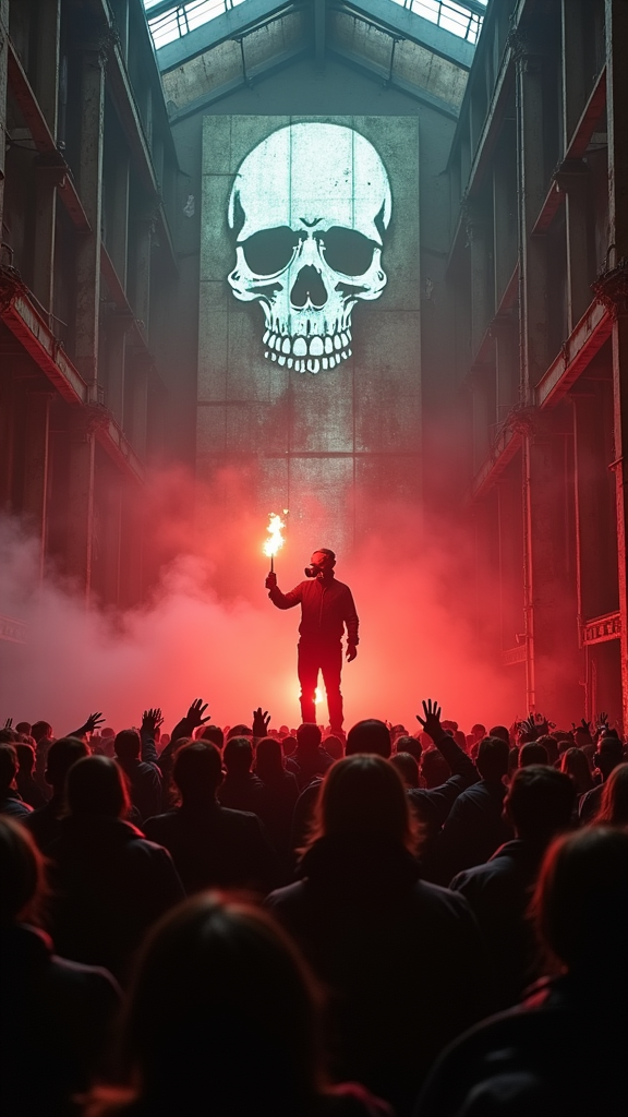 A massive rusted stage in a derelict factory. Distant artist’s silhouette in a gas mask holding a torch, face obscured by smoke and red strobes. Foreground — crowd in respirators reaching toward stage, features warped by shadows. Behind — wire ‘dancers’ electrocuting themselves. Ceiling projections of glitching skull