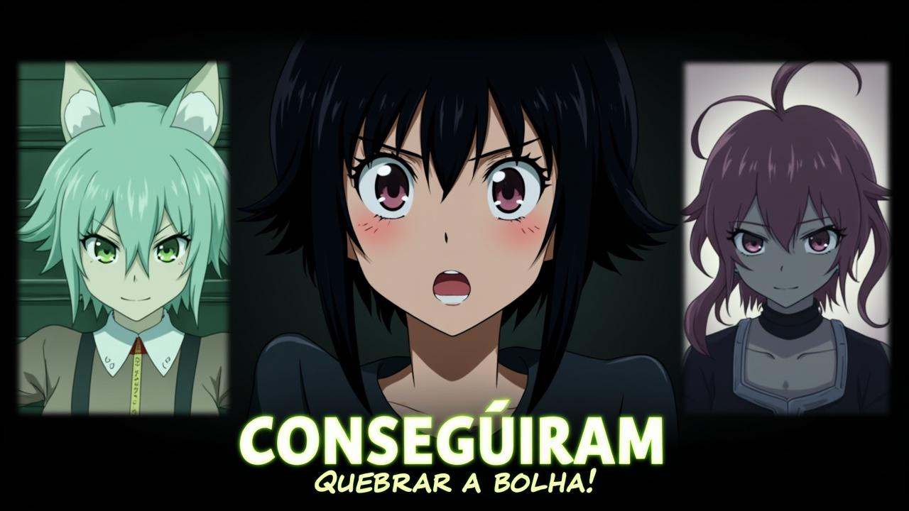 Create a vibrant and eye-catching YouTube thumbnail in the style of anime thumbnails.
In the center, place Shizuka from the anime Takopi’s Original Sin, facing forward with an intense expression and dramatic emphasis.

On the left side, insert the official cover image of the anime Made in Abyss (with the two protagonists running and the monster in the background), keeping its original colors but adjusting brightness and contrast to match the overall composition.

On the right side, insert the official cover of the anime Erased (featuring the main character with a mysterious atmosphere), also adjusted to visually match the rest.

Slightly blur the background to focus attention on the characters.
In the center of the image, add large, bold text "CONSEGUIRAM" in neon green with a black shadow, and just below it, in white with a black outline, the phrase "QUEBRAR A BOLHA!".

Format: 16:9, 4K quality, polished and professional style, with the appearance of a high-quality anime channel thumbnail.