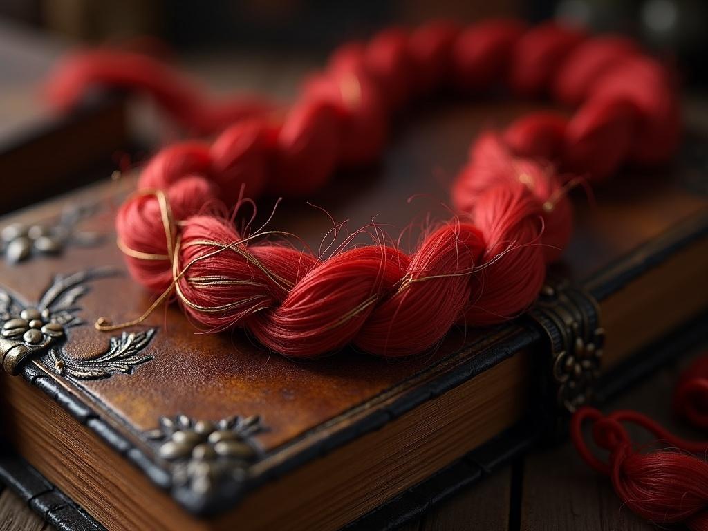 A vibrant crimson hair ribbon, meticulously crafted with shimmering gold thread, rests atop a worn leather-bound journal;  a fantasy RPG aesthetic, detailed textures, cinematic lighting, evocative of a forgotten elven kingdom's lost princess.
