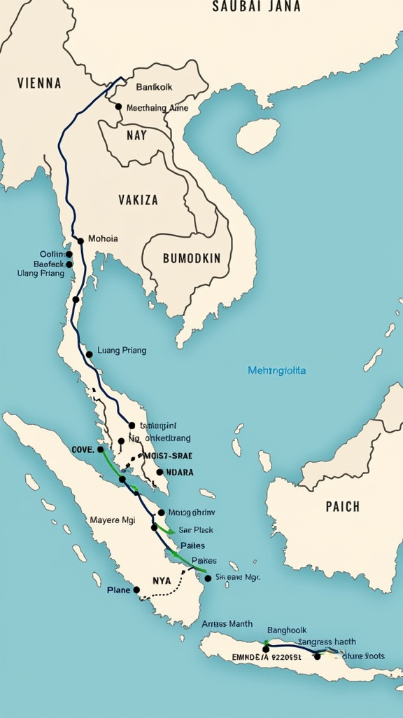 Create a map for a photo book illustrating a journey across Southeast Asia. The route includes:  
**Vienna** → (plane) → **Bangkok** → (plane) → **Luang Prabang** → (bus) → **Nong Khiaw** → (boat) → **Muang Ngoi** → (boat) → **Luang Prabang** → (plane) → **Pakse** → (bus) → **Si Phan Don (4000 Islands)** and the **Cambodian border**.  

**Visual guidelines:**  
- **Transport modes:**  
  - Plane: dashed blue line (hex #1E90FF)  
  - Bus: solid green line (hex #32CD32)  
  - Boat: wavy navy line (hex #000080)  
- **Cities:**  
  - Highlight each city with a 12px white circle and black border  
  - Labels in Arial Bold 14pt (black text with white outline)  
- **Map style:**  
  - Background: light beige (hex #F5F5DC)  
  - Country borders: 1px gray (hex #808080)  
  - Water bodies: subtle cyan pattern (hex #E0FFFF)  
- **Technical specs:**  
  - Aspect ratio: 16:9  
  - Resolution: 6000×3375 pixels  
  - File format: SVG/PNG with transparency  

