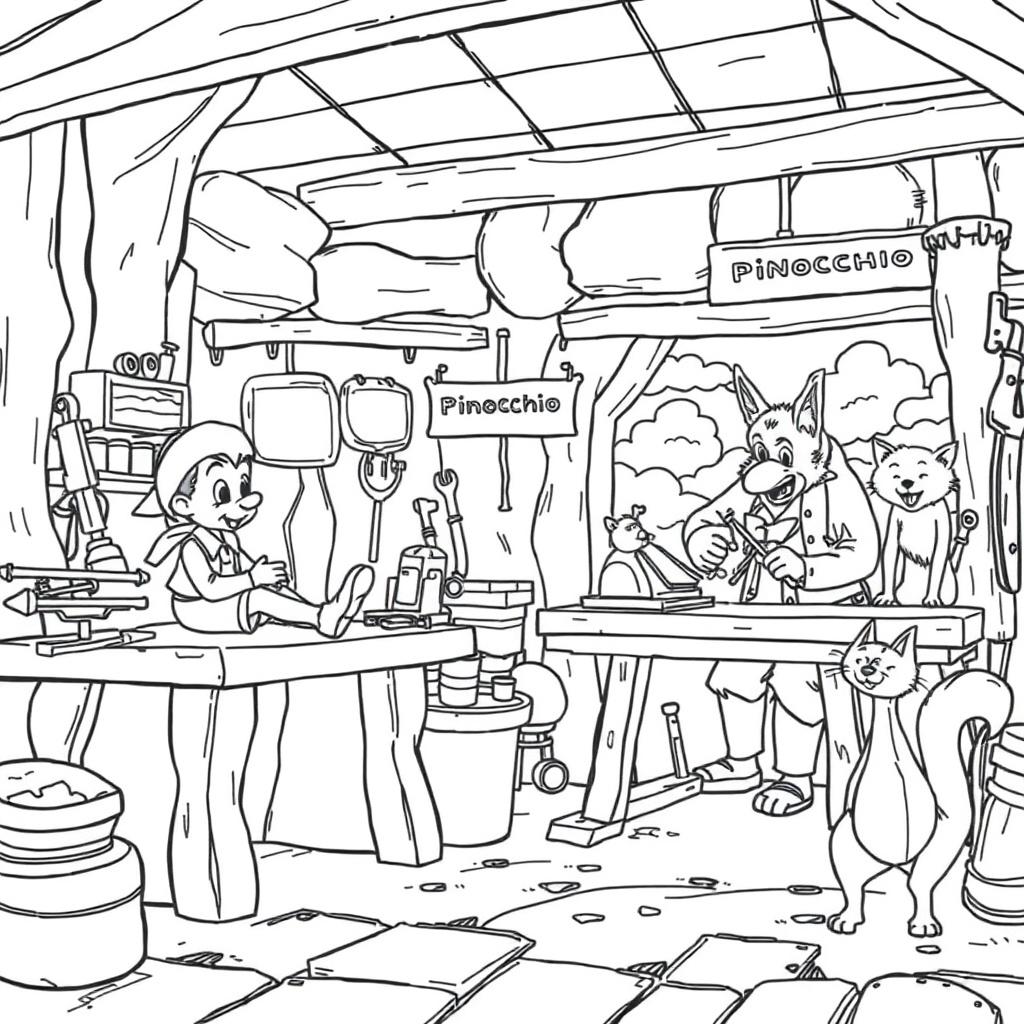 Black and white coloring page: Wide workshop view. Left: Pinocchio sits on table. Right: Gepetto saws wood. Cat and fox watch. 25% smaller scene, more tools and sky. Sign: 'Pinocchio'. Thick outlines, no shading, for kids
