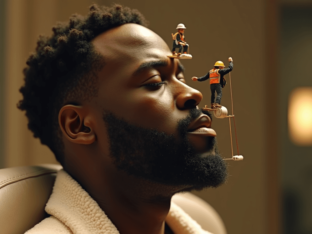 A hyper-realistic 8-second cinematic close-up of Kevin Hart seated upright, relaxed with his eyes closed, as a real team of human micro-sized workers (approximately 3 inches tall) professionally clean his giant face like it's a massive monument. The scene is styled like a combination of facial spa and high-rise maintenance.

Visual Setup:

Kevin Hart’s face is extremely detailed and still — pores, skin texture, light beard stubble all visible.

Tiny scaffolding is attached along his cheeks and forehead, with ladders, safety ropes, and suspended cleaning platforms.

Micro workers in miniature spa-tech jumpsuits wear tiny helmets and gloves.

One crew rappels down his nose with harnesses, gently brushing with damp cloths.

Others ride a lift stationed by his ear, polishing his temple using small mist-sprayers and microfiber pads.

A duo stands on his eyebrows brushing away debris with ultra-soft tools, one directing traffic with hand signals.

Cleaning buckets, tool carts, and pulleys are visible — all scaled to their size.

Background is a blurred high-end spa setting with soft ambient light and cinematic shadowing across Kevin’s face.

The vibe is surreal but grounded — like a microcosmic day spa at work on a living giant.

Camera Direction:

Smooth vertical pan from chin to forehead.

Shallow depth of field — sharp focus on the micro teams and surface interaction, blurred background.

Skin glows naturally under soft golden light.