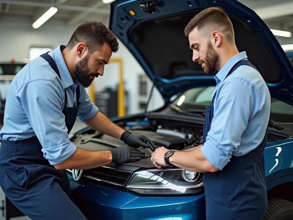 Two Latin men, not facial hair, a technician wearing dark blue underwear, and a workshop manager wearing a light blue shirt, perform quality control before delivery of a repaired vehicle to the dealership. They ensure that repairs meet technical specifications through:
A thorough final vehicle check
Visual inspections and functional tests