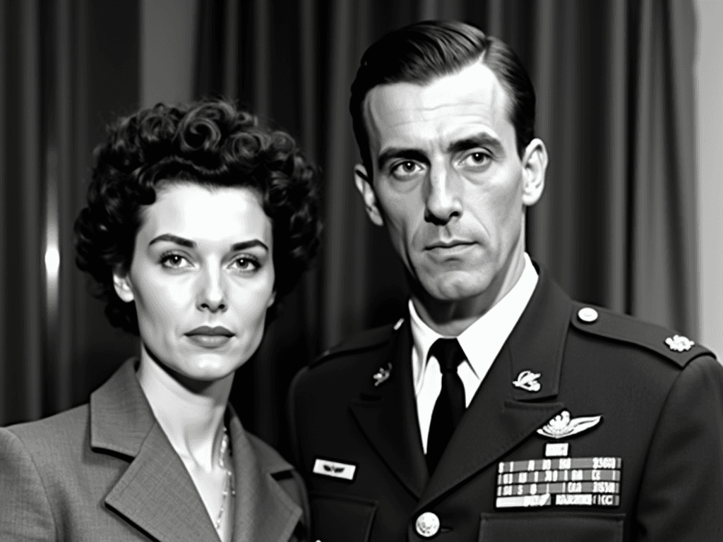 The image is a black and white photograph of a man and a woman. The man is on the right side of the image and the woman on the left is in the center. They are both dressed in formal attire, with the man wearing a military uniform with a badge on his chest and a tie. The woman has short, curly hair and is wearing a blazer. They both have serious expressions on their faces and are looking directly at the camera. The background is blurred, but it appears to be a formal setting with a curtain visible behind them.