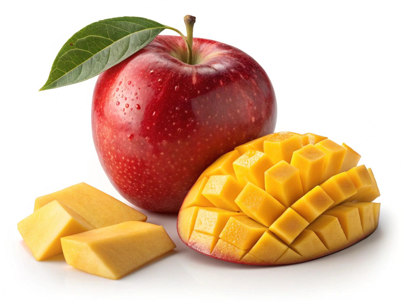 A fresh, vibrant red apple. soft light, highlighting its natural texture and deep red hue with subtle yellow speckles. In front of the apple, a few pieces of mango are neatly arranged, showcasing their rich golden-yellow color and juicy texture. The composition is clean and minimalistic, with a pure white background enhancing the fruit’s natural beauty and freshness.