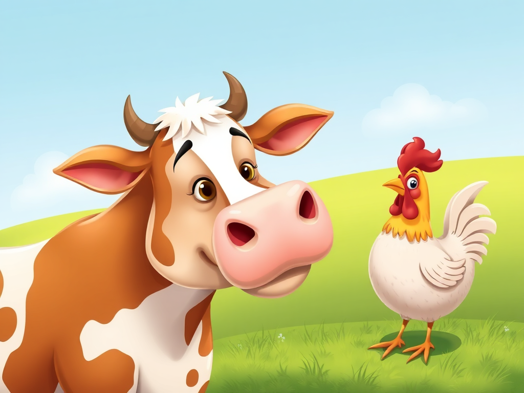 A whimsical caricature of Mom of cow and chicken