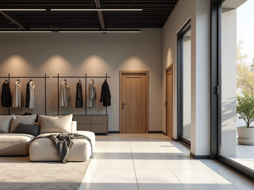 Crea una immagine fotorealistica di uno showroom di porte e finestre. L'immagine presenta la vista dello showroom dall'interno, dove compaiono alcuni prodotti (porte e finestre) in esposizione. L'immagine fotorealistica ha uno stile moderno e accattivante.

