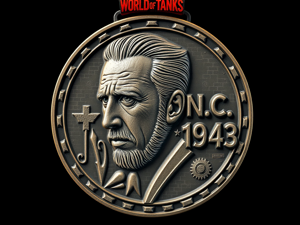 A virtual medal inspired by the harsh years of World War II, executed in the characteristic pixel aesthetic of "World of Tanks". The front side of the medal is decorated with a rough relief, where each pixel conveys the harsh features of Nicolas Cage's unshaven face. On the back of the medal are engraved the initials "N.C." and the year "1943" in the style of the game interface. The medal has characteristic digital artifacts imitating traces of time, giving it a special charm and game value, as if it was won in brutal virtual battles.