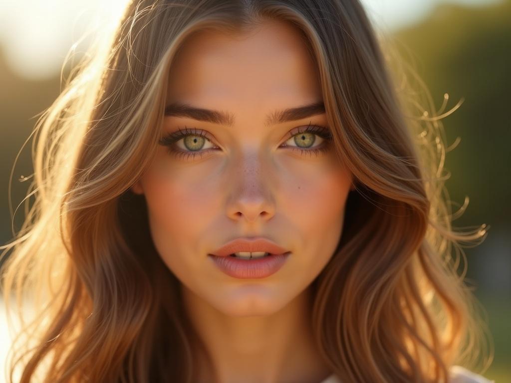 A hyper-realistic portrait of a beautiful young woman with straight, light brown hair that falls gracefully past her shoulders, silky and well-defined strands reflecting soft natural light. She has vivid green eyes with intricate iris details, framed by long, delicate lashes and perfectly shaped eyebrows. Her full, soft lips have a natural rosy tint, slightly parted in a gentle, serene expression. Her skin is flawless, smooth, and luminous with a warm undertone, subtly glowing under golden hour sunlight. She is wearing a simple yet elegant outfit in neutral tones, enhancing her natural beauty. The background is softly blurred with a warm bokeh effect, emphasizing depth of field and drawing attention to her face. The overall mood is gentle, captivating, and ethereal, evoking both realism and artistic elegance. Ultra-high resolution, sharp focus on facial details, cinematic lighting, photographic depth, 85mm lens, f/1.4, masterpiece, award-winning photography style.