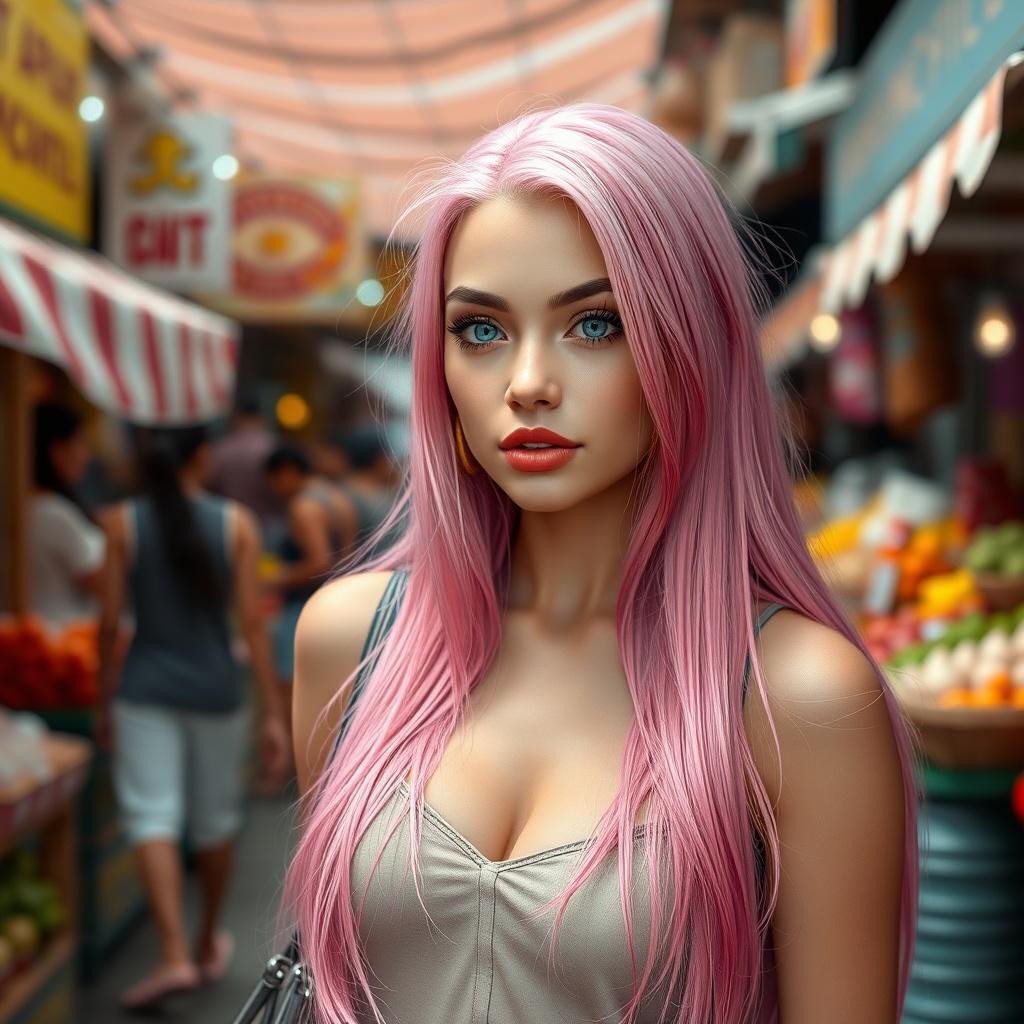 "ultra realism, photorealistic, A 22-year-old Latina girl with long pink shiny hair, bright blue eyes, and big red lips, walking through a bustling open-air market. She’s wearing a casual summer outfit, and her pink hair stands out against the colorful stalls."