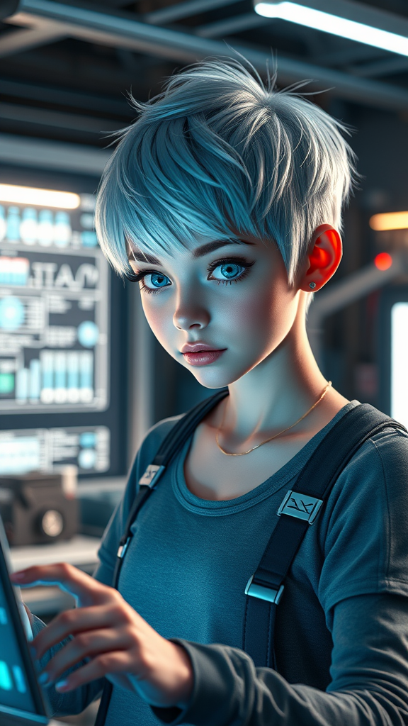 Hyper realistic Photography: A charming, tech-savvy [girl with short, silver pixie-cut] hair and vibrant [blue] eyes, wearing a casual yet futuristic outfit. She's focused on a holographic interface while working in a sleek, high-tech workshop.