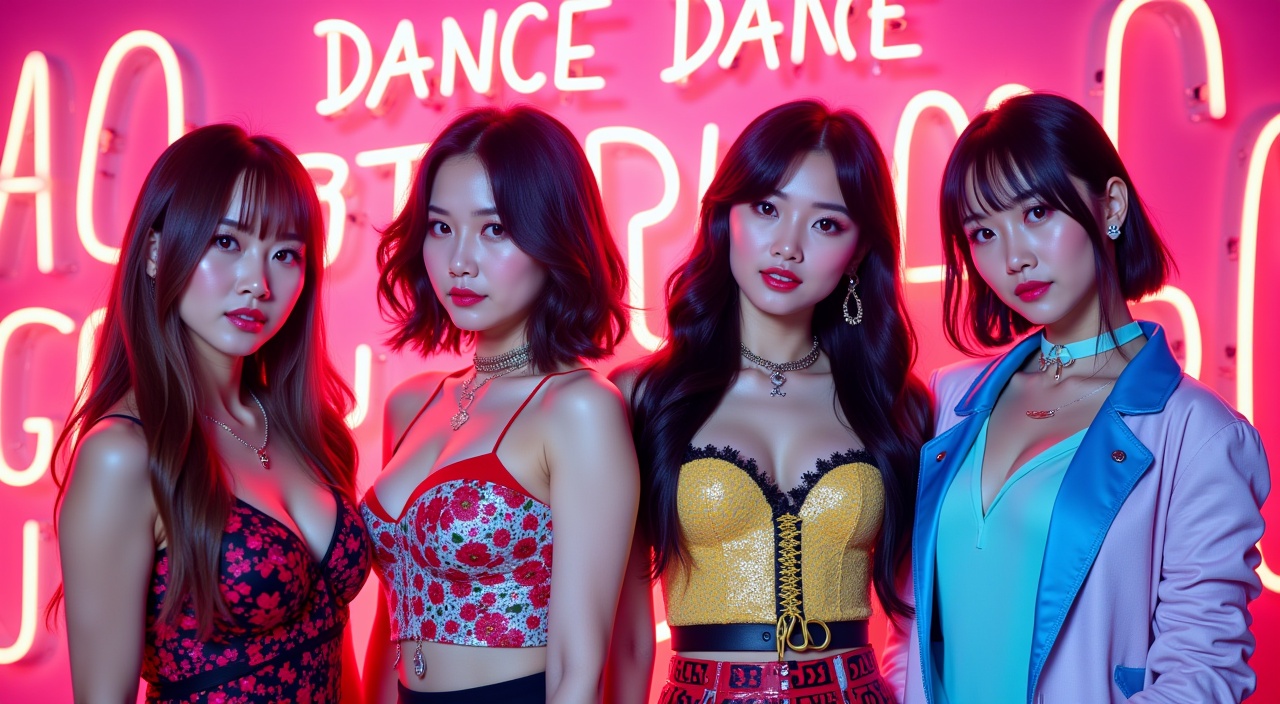 A stylish and cinematic album cover-style image featuring four East Asian girl group members posing with bold attitude and unique charm. Each member has a distinct style: one fierce and charismatic, one cute and confident, one mysterious and cool, one playful and quirky. They stand in front of a soft neon backdrop with 'Dance Dance GO' energy — vibrant, fun, and dramatic lighting. Their outfits are colorful stage costumes mixed with casual elements, like a concept shoot for a K-pop debut. The image has a slightly retro sitcom vibe with a modern twist. No text on the image, just visual impact like a K-pop album jacket. 4명의 동양미인이 주인공이야! 그리고 로고가 들어가야해.

