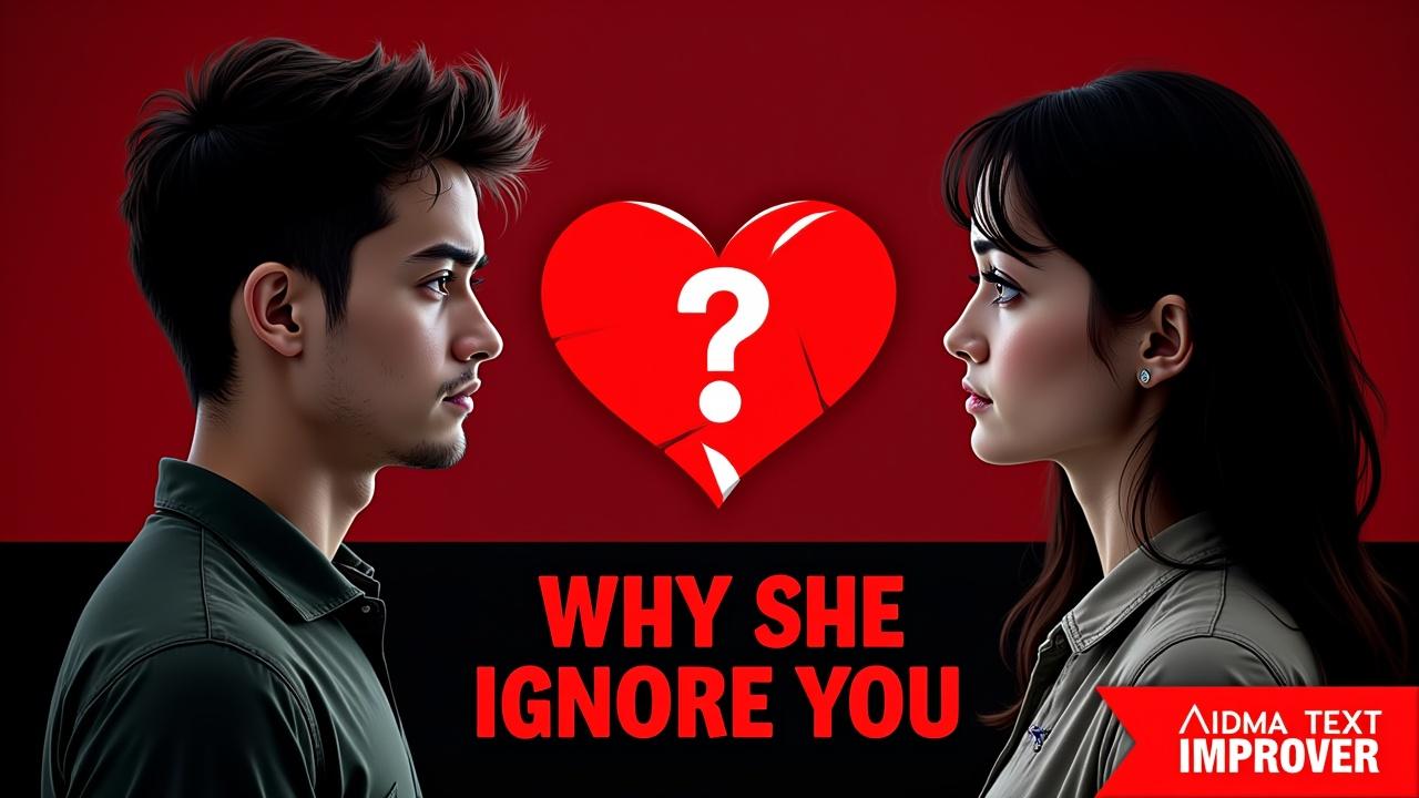 Topic Example: "Relationships & Attraction"

🔹 Main Visual:
ایک لڑکی اور لڑکا ایک دوسرے کو دیکھ رہے ہیں، بیچ میں دل کا آئیکون لیکن وہ آدھا ٹوٹا ہوا ہے۔
دل کے اندر Question mark ❓

🔹 Text on Thumbnail (Red/White, Bold):
👉 "Why She Ignores You 💔"

🔹 Style:

Strong emotions (sad + curious)

Red + Black contrast

Question mark big & glowing

