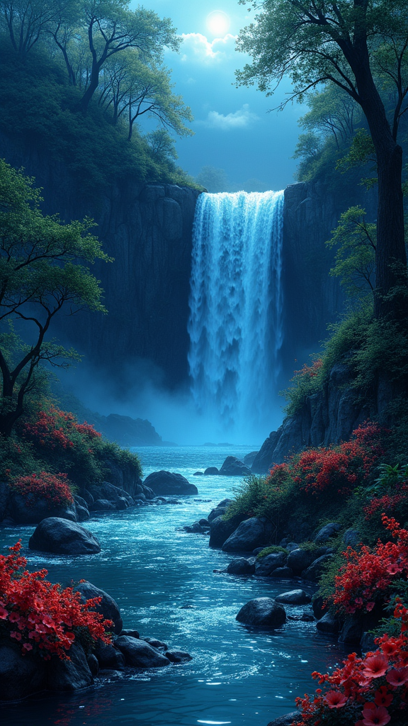 Un paisaje nocturno de una cascada en un entorno montañoso, con una estética anime.
Primer Plano: En la parte inferior, una abundancia de flores rojo anaranjado con centros oscuros adorna el borde inferior, con hojas verde oscuro entre ellas. Un arroyo de aguas azules y tranquilas fluye entre rocas lisas y oscuras. Árboles con frondoso follaje verde oscuro y troncos robustos rodean el arroyo.
Plano Medio: La cascada domina el centro de la escena, con agua azul clara cayendo desde lo alto entre rocas escarpadas y oscuras. La caída produce una bruma blanca y luminosa al chocar en la base, formando un estanque que alimenta el arroyo. Las paredes rocosas están detalladas con estratos y vegetación que se aferra a las pendientes.
Fondo: Montañas oscuras enmarcan el cielo nocturno profundo, donde una luna llena blanca emite una luz suave. Estrellas de distintos tamaños salpican el cielo, y nubes blancas, iluminadas por la luna, aportan una atmósfera onírica y dinámica.
Iluminación y sombras: La luna actúa como fuente principal de luz, realzando los bordes de las nubes y la cascada. Sombras profundas en las zonas no iluminadas dan volumen y profundidad, mientras que la bruma suaviza los contrastes.
Detalles Adicionales: Se notan reflejos sutiles en el agua, y formas precisas en hojas y pétalos. La composición vertical guía la vista desde las flores hasta el cielo estrellado. Wallpaper 8k 4k