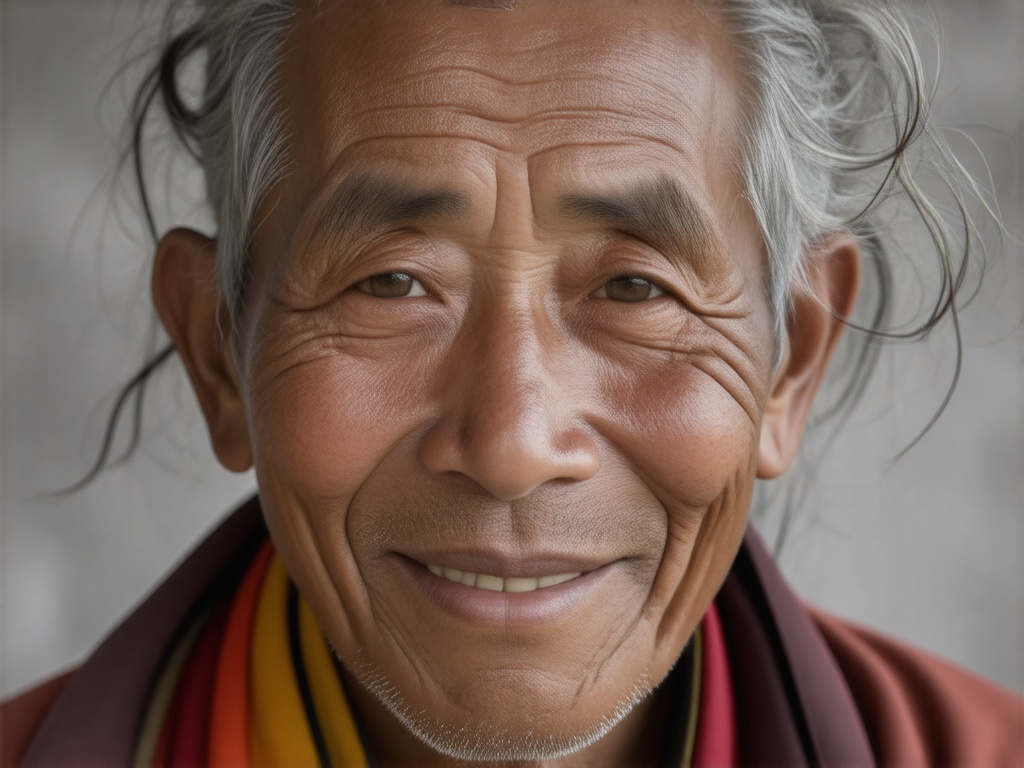     close-up portrait of an elderly tibetan monk with deep wrinkles, gentle smile, detailed skin texture, gray wispy hair, looking directly at the camera. Photorealistic, 85mm lens, f/1.8, natural window lighting, 8k, hyper-detailed.