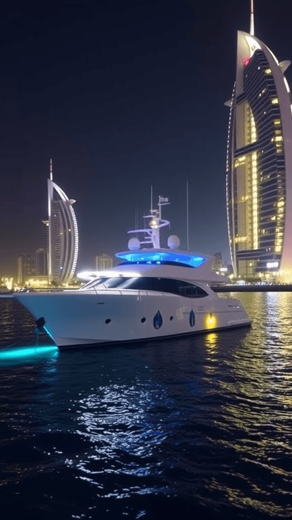 yacht with leds dubai at night 