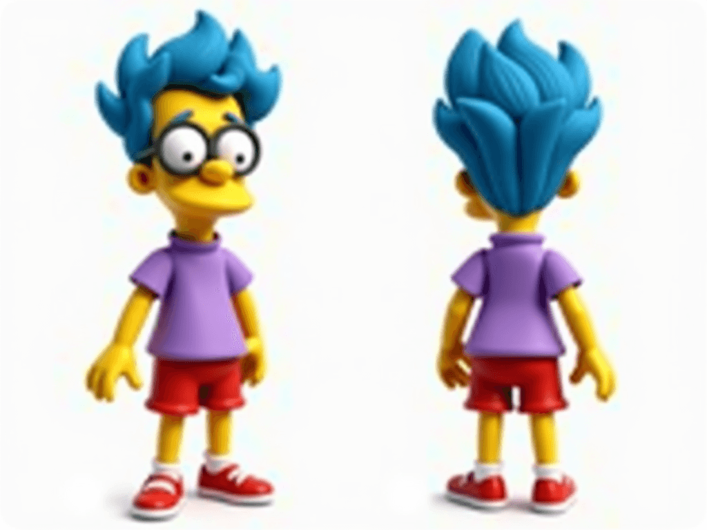 Generate a full-body 3D-style illustration of Milhouse Van Houten from The Simpsons, shown in two separate views: front view and back view side-by-side. He should have his iconic blue hair, large round glasses, red shorts, purple T-shirt, and red shoes. The style must match the original Simpsons cartoon style — clean lines, flat shading, bright colors. Milhouse should be standing still in a neutral pose, arms slightly out. Background should be plain white or light gray. Keep consistent lighting and proportions between both views."