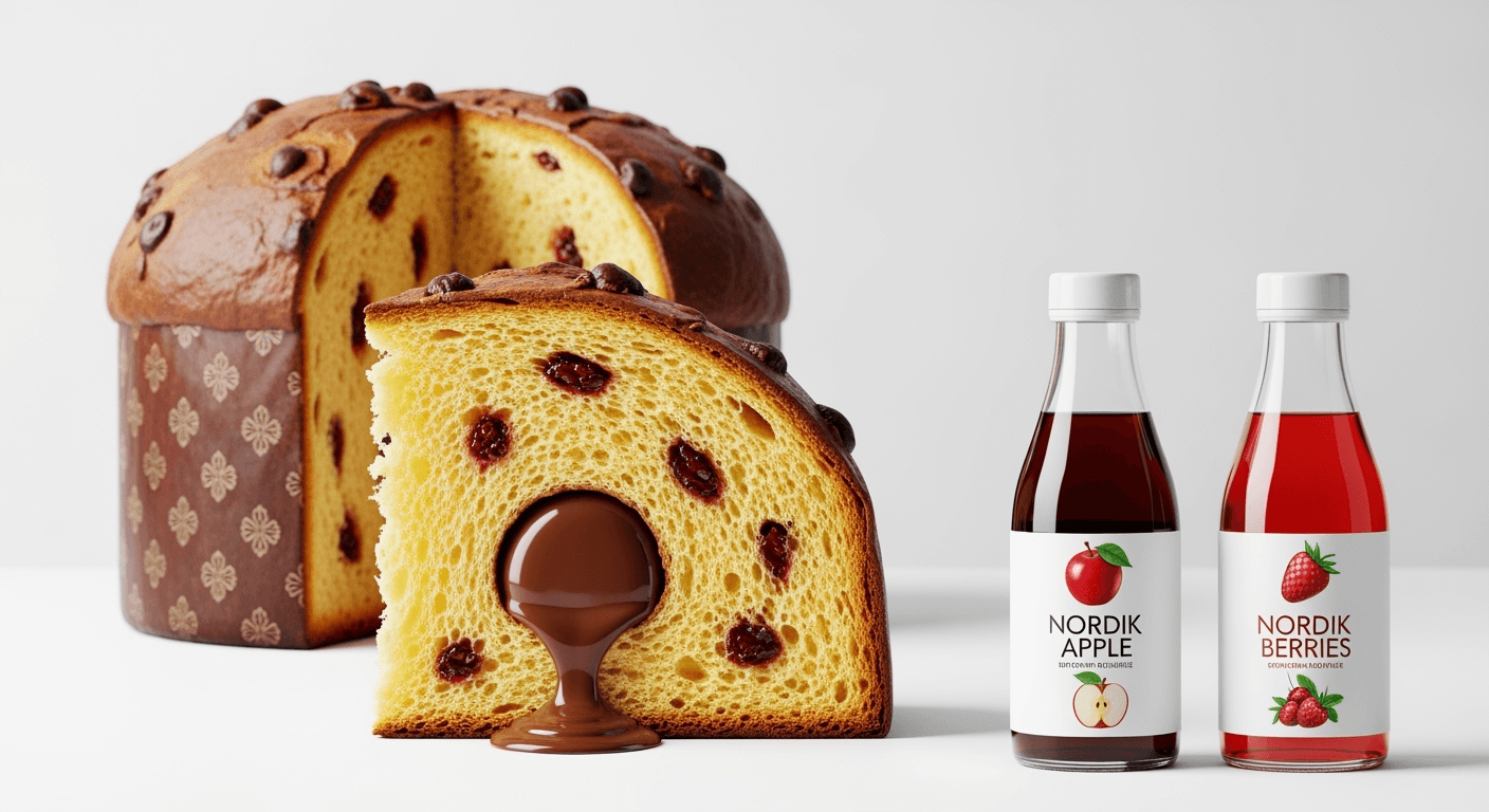 a side view of a perfect and realistic shape of a slice of panettone. the panettone has a golden crust and a rich, fluffy interior with a rounded melted chocolate coming out the center. Lighting is bright and studio-style, emphasizing texture and detail. The background is clean and minimal to highlight the luxury of the product. in the back there the big panettone


Both bottles must share the same overall graphic line to look like part of the same family, but each flavor should be distinguished by unique illustrations and different main colors:

NORDIK APPLE
NORDIK BERRIES