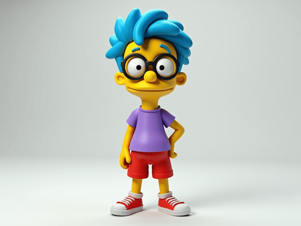 Create a high-quality 3D model of Milhouse Van Houten from The Simpsons, in full-body view, standing pose. He should have his classic blue hair, large round glasses, red shorts, purple T-shirt, and red shoes. Maintain the original cartoon proportions and facial expression — nervous or awkward smile. Stylized like official Simpsons 3D models, with smooth cartoon-like shading, clean topology, and suitable for animation or game design. Neutral background, centered character