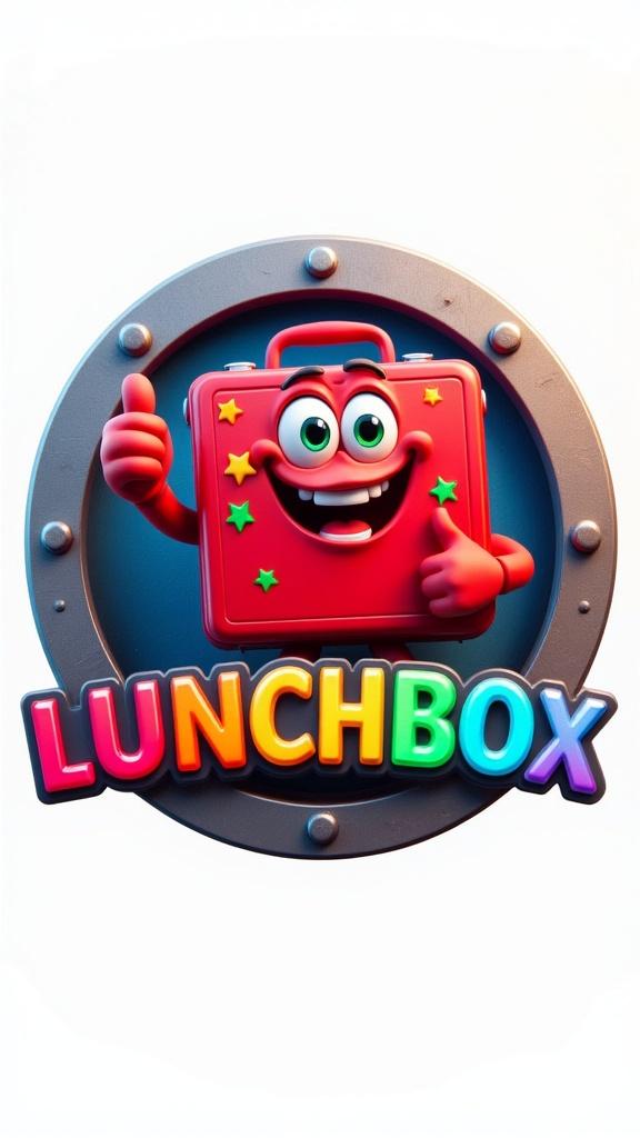 "Design a circular Pixar-style logo featuring a cheerful red lunchbox character shown from the waist up, with big expressive eyes, a wide cartoonish smile, and colorful star stickers on its face. The lunchbox has one rubbery arm bent in a confident pose, giving a large, exaggerated thumbs-up. Its design should have smooth, polished shading with soft Pixar-style lighting. Frame the character inside a bold circular border with a carbon fiber texture. The outer ring should look like brushed steel with beveled edges and evenly spaced bolts, mimicking a bolted-down industrial look. At the bottom of the circle, engrave the word 'LUNCHBOX' in large, bold, rounded metallic letters that follow the arc. Each letter should subtly glow in a neon color gradient—red, blue, yellow, green, and pink. Add a soft, fun glow around the entire logo to give it an inviting, animated energy, keeping it clean, vibrant, and in line with the LandscaperBob logo’s visual style."