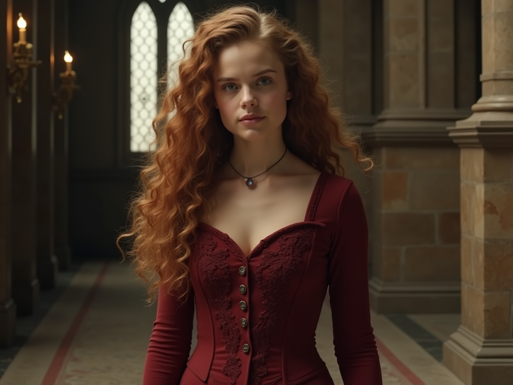 Hermione Granger, dans une tenue moulante, grosses fesses, plan complet