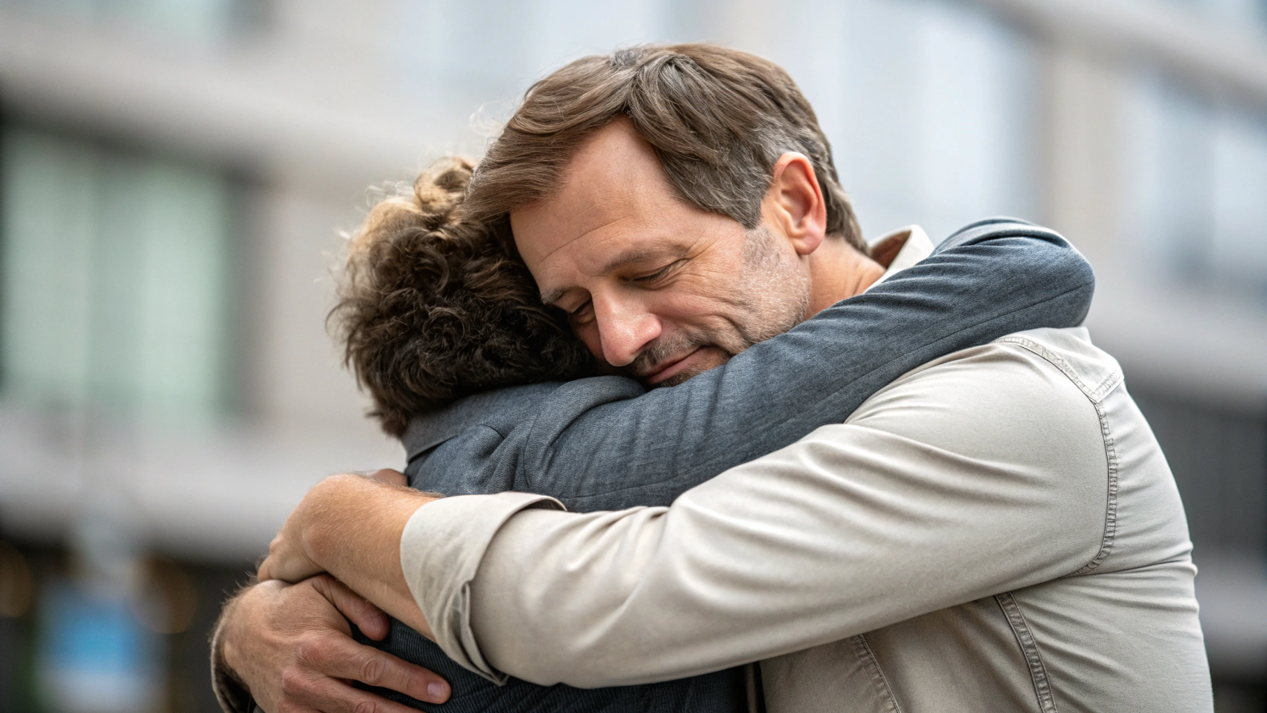 Arms of a man hugging a person.