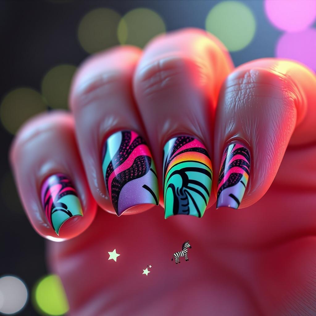 A whimsical AI-generated nail art photoshoot: vibrant Snake stripes, painted in glossy acrylics on perfectly manicured nails, tiny zebra doodles scattered across a polished, bioluminescent surface emitting a soft, ethereal glow, bathed in bright, playful Disney Pixar-style lighting, realistic rendering with a painterly touch, evoking childlike wonder and playful energy, reminiscent of a whimsical, surreal dreamscape.
