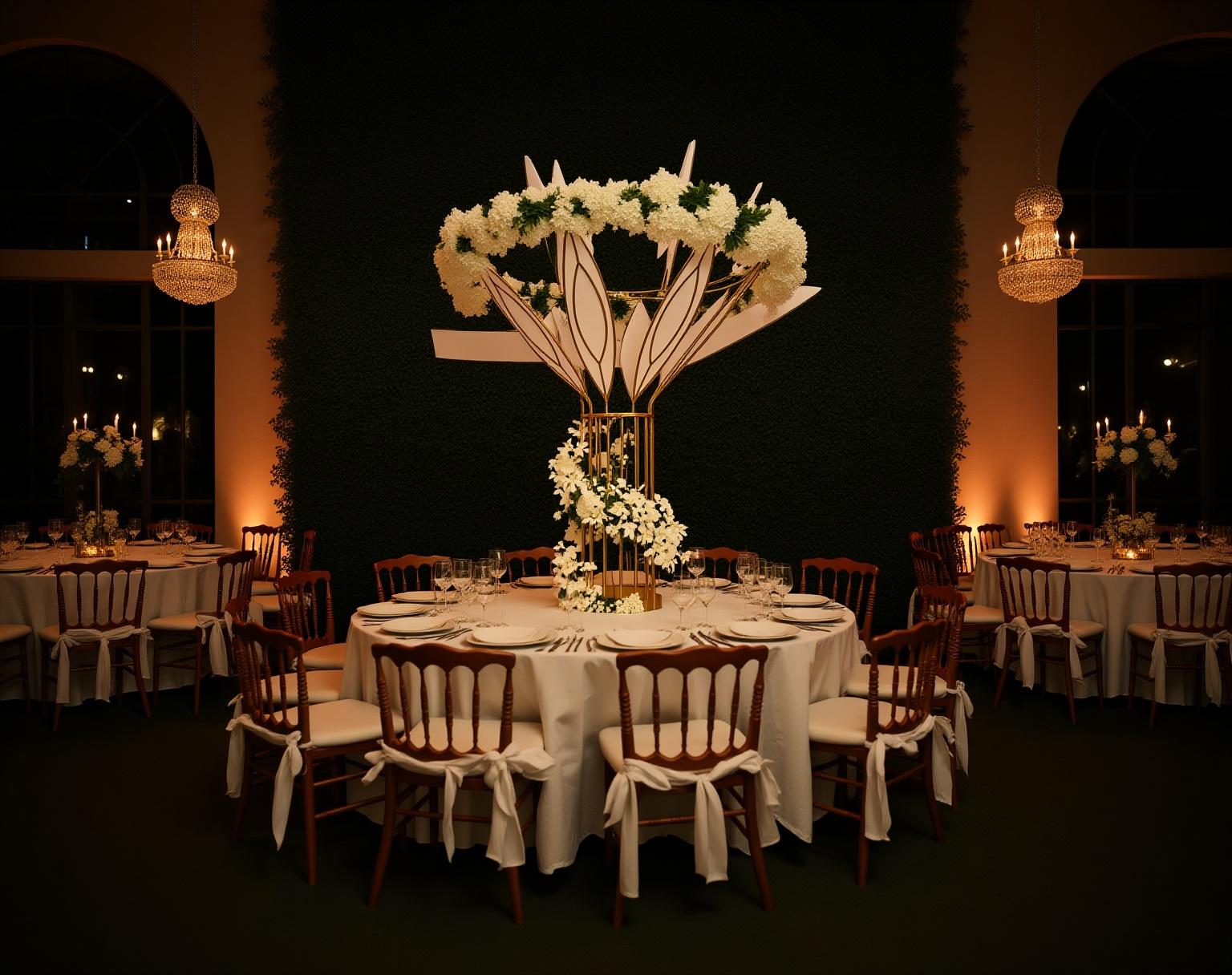 An evening wedding reception: a single round white table, 3 meters in diameter, similar to the image in the lower left corner, centered by a sculpture similar to the image in the upper left corner, made of gold metal adorned with white flowers, 3.5 meters tall, bathed in the soft, warm light of candles and the ethereal glow of crystal chandeliers. Behind, a dense wall of foliage frames large arched windows, similar to the image in the upper right corner. Elegant wooden Dior chairs surround the table, each seat adorned with white sashes.