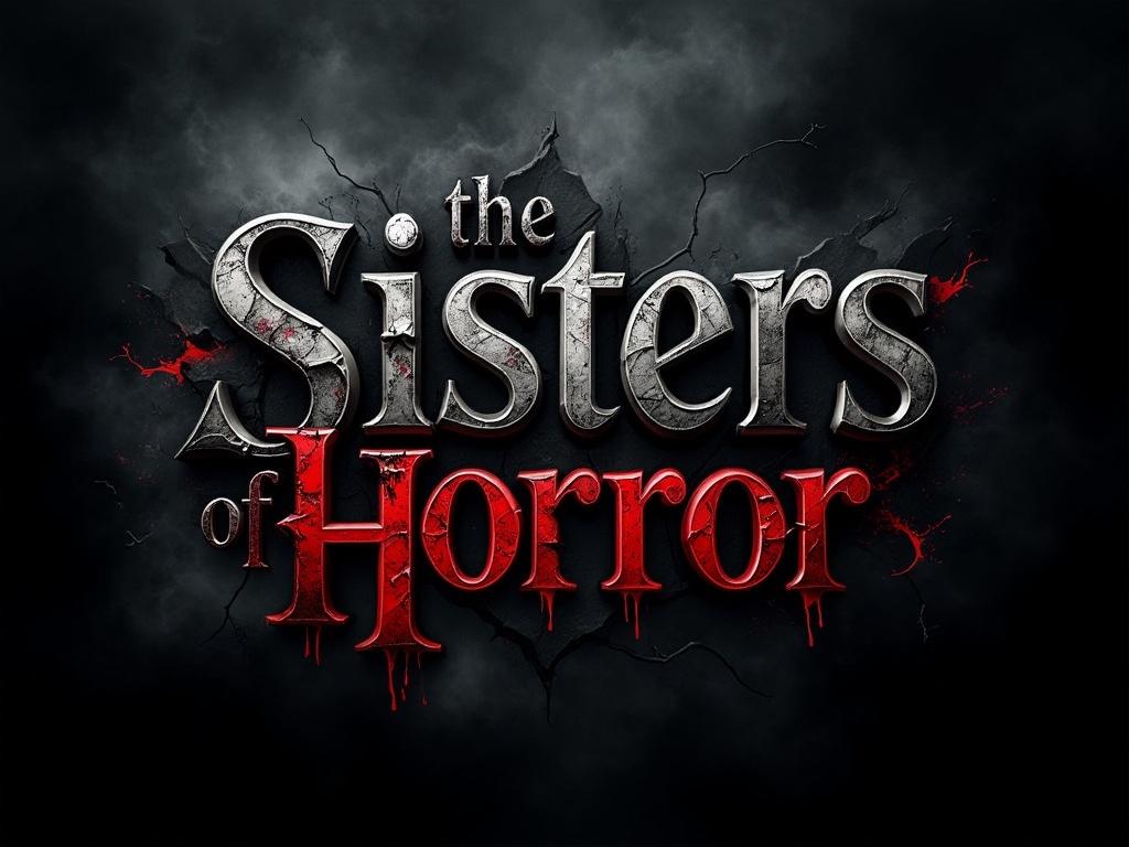 A dark, cinematic horror logo for ‘The Sisters of Horror,’ featuring distressed Gothic typography with cracked textures, dripping blood accents, and shadowy mist in the background. The design should be chilling and theatrical, evoking a vintage horror film poster style, with high contrast between ominous blacks and eerie blood-red highlights.