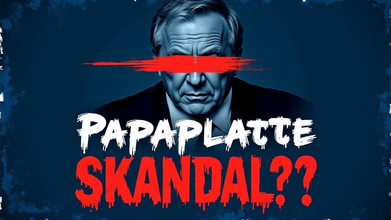 ein schriftzug:Papaplatte skandal?! rot unter strichen hintergrund dunkelblau 
