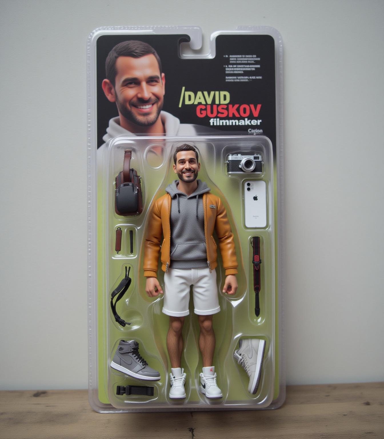 Use this photo of me to create an action figure of myself in a blister pack, in the style like a premium collectible toy. The figure should be standing up and have a relaxed, friendly smile. The blister pack should have a header with the text ‘[david guskov]’ in large letters and a subheading of ‘[filmmaker]’ below it. Include accessories in compartments to the side of the figure: [camera, nike air jordan grey color, iphone 15].