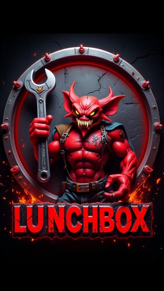 "Design a circular Pixar-meets-dark-cartoon style logo featuring an evil red lunchbox character shown from the waist up. The lunchbox has menacing, narrowed glowing eyes, a sinister grin with sharp teeth, and a few scratches and dents on its surface. Faint scorch marks and peeling star stickers add to its battle-worn look. One rubbery arm is raised, gripping a jagged, cracked metal wrench like a weapon, while the other arm rests in a threatening pose. Frame the character inside a bold circular border with a carbon fiber texture. The outer ring should be metallic with a brushed steel finish, beveled edges, and evenly spaced bolts, giving it a bolted-down, industrial feel. At the bottom of the circle, engrave the word 'LUNCHBOX' in bold, cracked metallic letters with faint red neon light seeping through the fractures. Add a dark, smoky aura around the logo with subtle sparks and ember glows, creating an ominous, high-impact look while still matching the visual style and polish of the LandscaperBob logo."