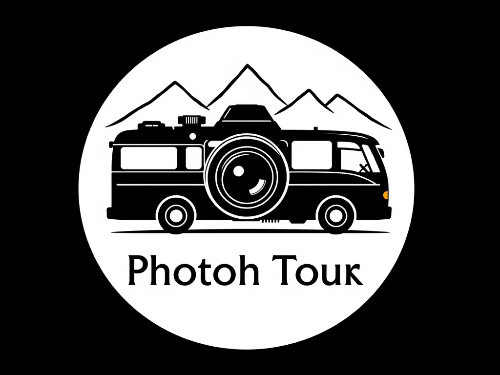 create a logo for the photographer organizing the photo tour. on the logo, depict the camera object, combine it with a moving minibus. The style is minimalism, monochrome. high quality. Use dynamic, emotional, aesthetic, and fashion trends of 2025.