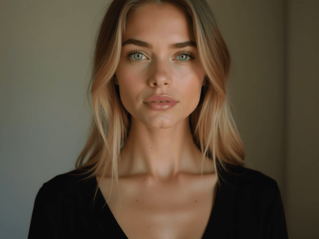 A beautiful young woman with long, straight blonde hair and light blue eyes. She has flawless fair skin with subtle makeup emphasizing her bright eyes and full lips with natural pink lipstick. Her eyebrows are well-defined and slightly arched. She is wearing a black V-neck top that reveals a graceful neckline and delicate collarbones. The background is simple and softly lit, focusing attention on her face and upper body. The overall mood is warm, natural, and elegant, with soft lighting enhancing her delicate features.