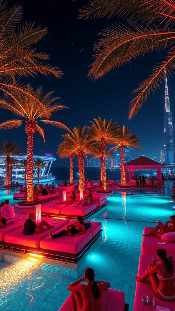 A vibrant Dubai pool bar at night, rendered in a hyperrealistic style with neon-drenched palm trees, shimmering turquoise water reflecting city lights, and stylishly dressed patrons lounging on plush cabanas; a scene of opulent leisure under a star-studded Arabian sky, conveying a feeling of sophisticated relaxation and exotic allure.
