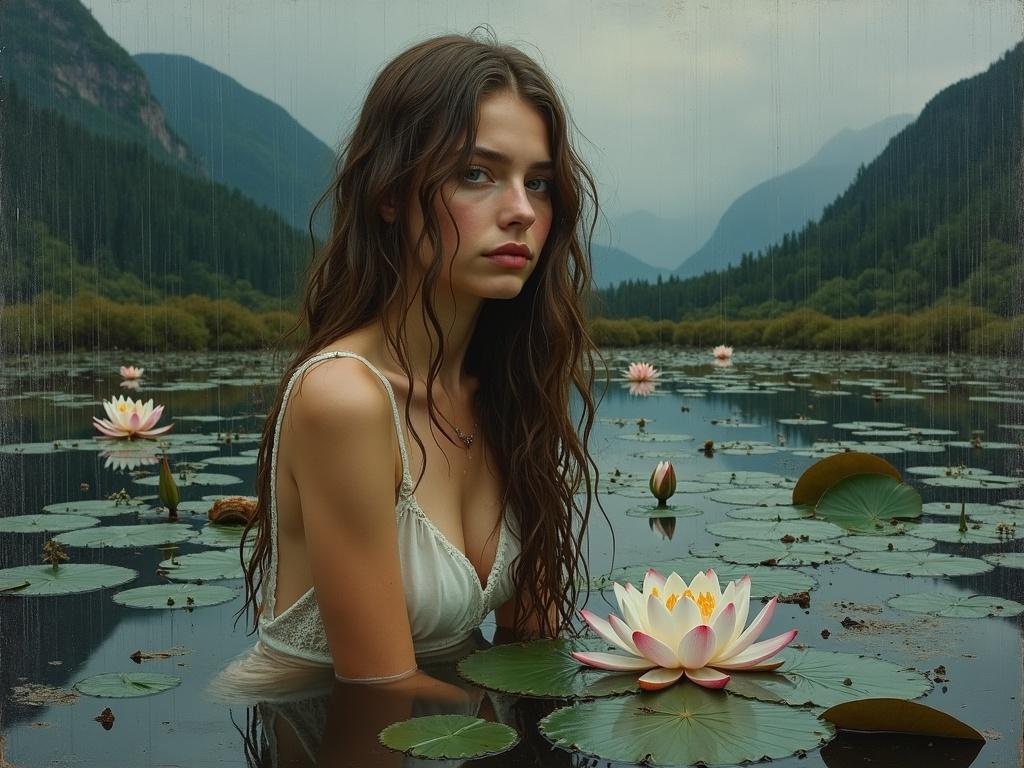 artistic, oil painting, portrait of a long hair young lady and delicate features in a pond with water lilies. The woman is sitting in the water and her empty eyes, gaze  as if she is deep in thought. She has long, wavy hair that is wet and appears to be wet from the rain. The mountain in the background. style inspired by Diego Velazquez, many knives oil painting, rough. painted entirely with visible dry brush strokes. Each stroke is separate: bristle marks in the skin. thick impasto. Looks like a physical painting by Frank Auerbach.