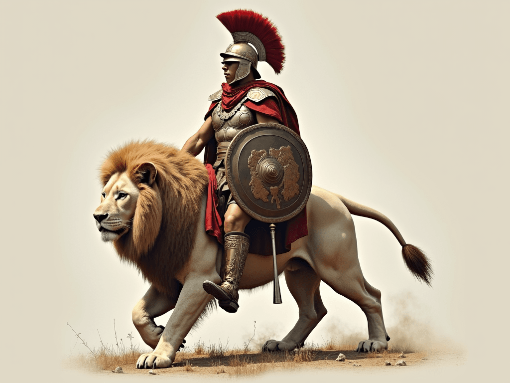 genera la imagen de un león blanco parado sobre sus dos patas traseras utilizando un uniforme de guerra y escudo espartano. Utiliza un estilo realista