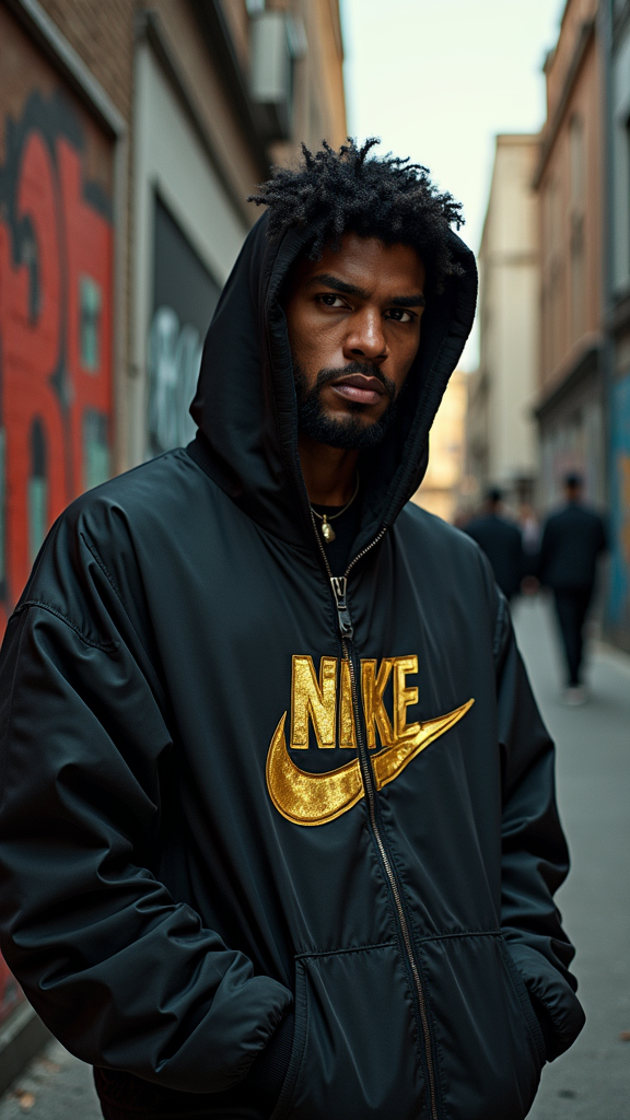 Portrait of ice cube, wearing stylish streetwear/Nike jacket, urban street background with graffiti walls and barbed wire, cinematic lighting, gritty and dramatic atmosphere, 90s rap aesthetic, hyperrealistic, 4K Ultra HD, realistic skin texture, detailed hair and clothing, magazine cover style, professional photography, strong shadows, golden typography elements overlay