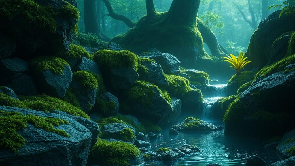 IMG_10 Magical forest setting, moss-covered stones, tiny sparkling waterfall, glowing plants, cinematic fantasy concept art, Unreal Engine render style.