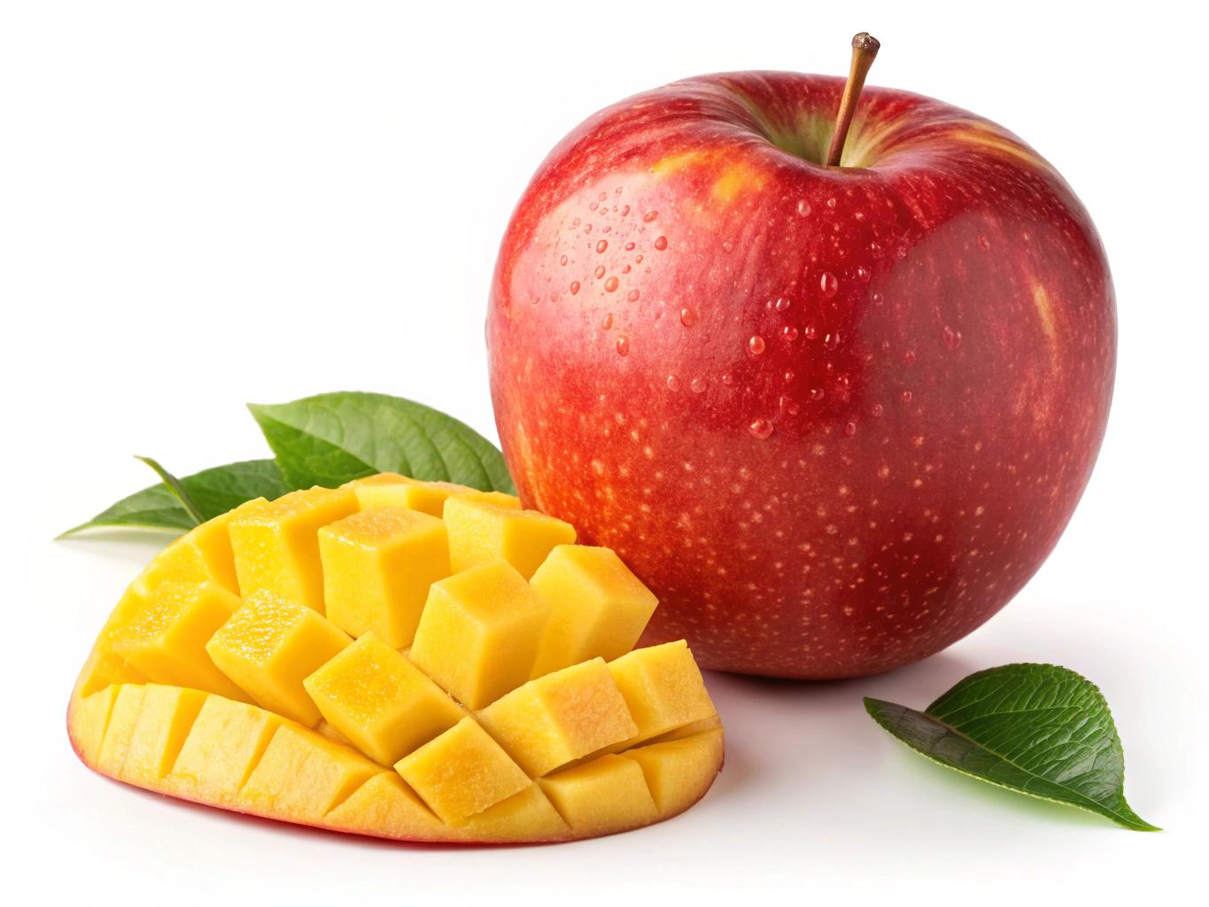 A fresh, vibrant red apple. soft light, highlighting its natural texture and deep red hue with subtle yellow speckles. In front of the apple, a few pieces of mango are neatly arranged, showcasing their rich golden-yellow color and juicy texture. The composition is clean and minimalistic, with a pure white background enhancing the fruit’s natural beauty and freshness.