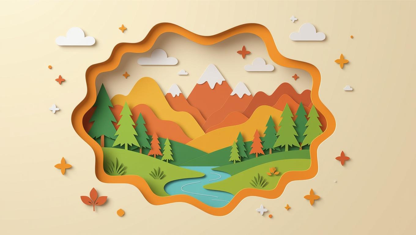 a paper cut landscape with trees and mountains in the background, original and creative landscape, made of tree and fantasy valley, scenery artwork, abstract nature landscape, scenery art detailed, 3 d virtual landscape painting, artistic landscape, 3 d stylize scene, a surreal dream landscape, warm color scheme art rendition, landscape art, fantastic background landscape, 3 d landscape, 3d landscape