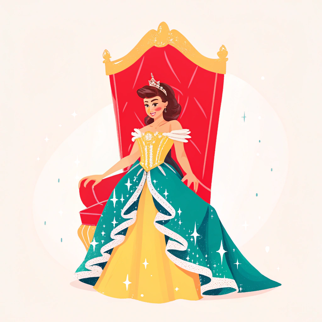 A beautiful girl with hair down to her waist, wearing a yellow dress studded with diamonds, standing near the throne, where she is queen.