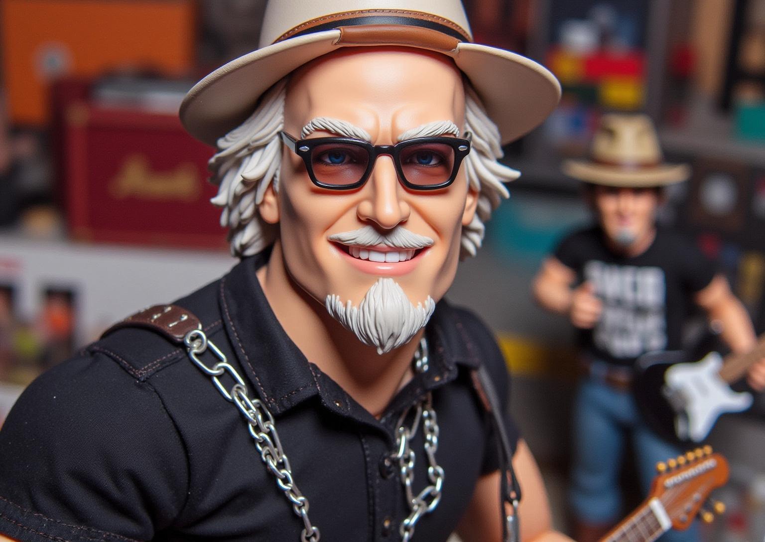 Build a musician a superhero action figure with guitar, hat and glasses accessories. Clothes: A black t-shirt, dark blue jeans underneath, a figure with a chain on the trousers.