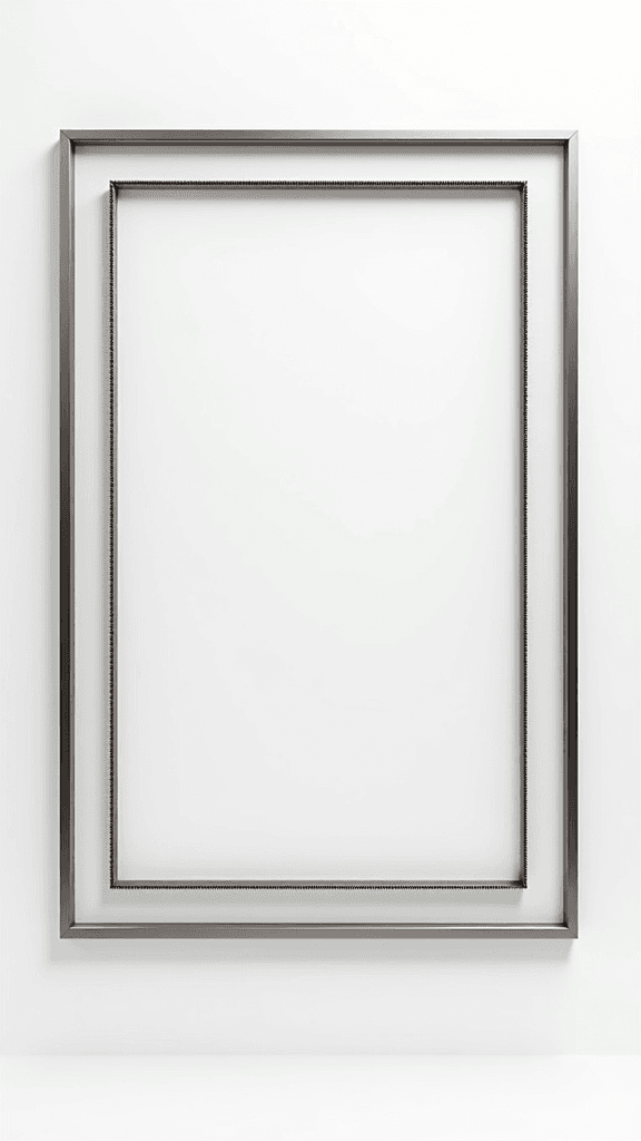 The frame for the ceremonial painting. The frame is clean and light. A frame with thin, narrow walls. Narrow details, thin elements. Light thin narrow dark threaded ornament. Style: hi-tech urban. Photorealism. Material: light stainless steel. The most precise shape of the elements. Maximum detail. Maximum realism. Format 16:9. The frame is on a white background. 