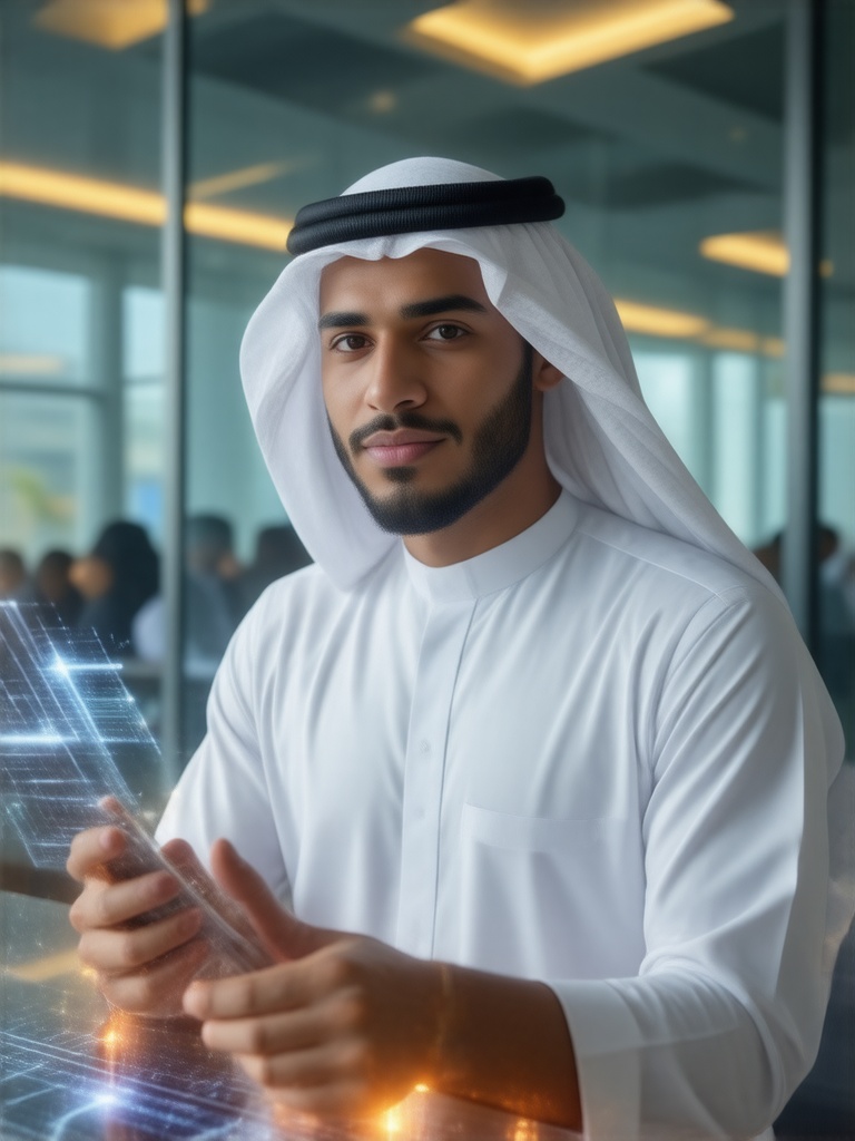 A young Saudi executive, in crisp white thobe and red ghutra, collaborates with a diverse team in a sun-drenched, modern glass office; holographic D365 and AI applications shimmer, faces illuminated by focused determination, reflecting Saudi Vision 2030's ambition.  Hyperrealistic rendering, sharp details, intense light play, vibrant Saudi business energy, digital transformation.
