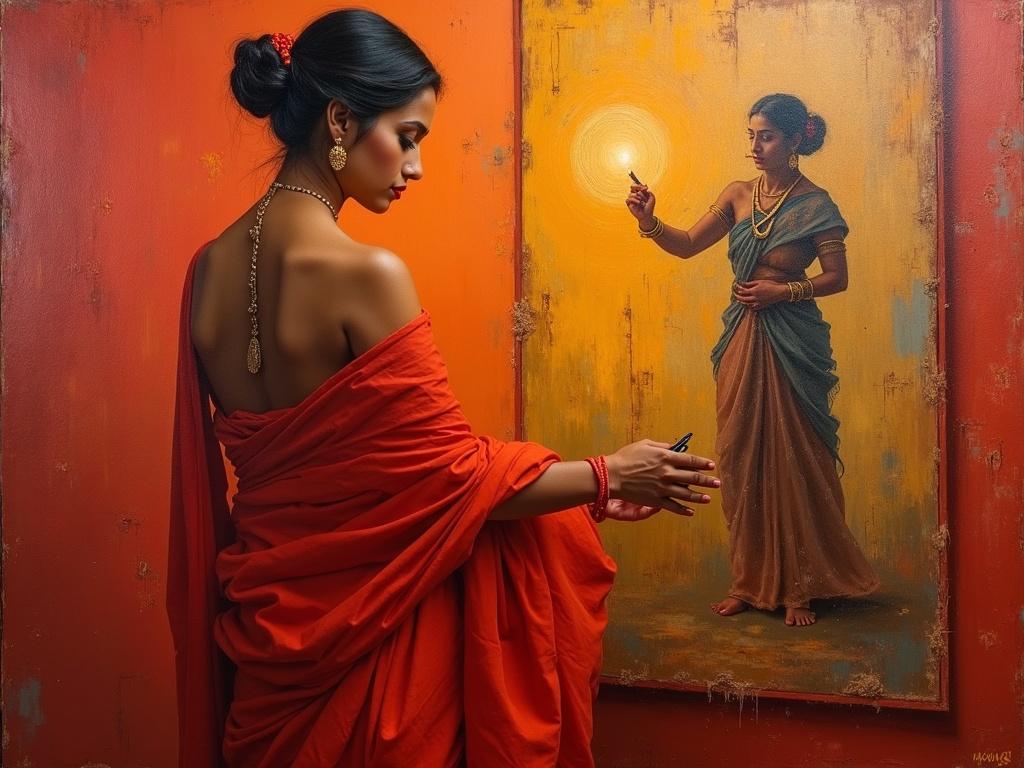 a-woman-in-a-red-saree-painting-with-art-e6qrsryqeh