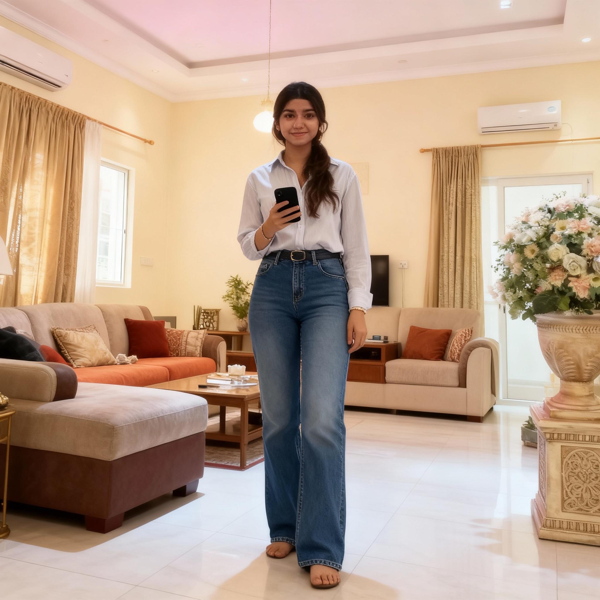 show-full-body-in-jeans-and-shirt-change-the-back-f67ekipzwp